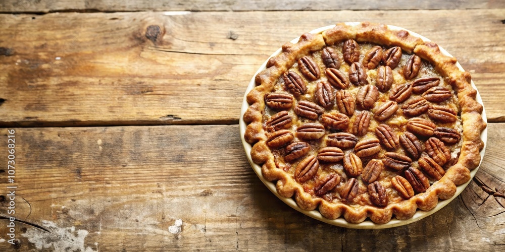 A perfectly baked pecan pie with a golden crust sits on a rustic wooden table, ready to be enjoyed. A perfectly baked pecan pie with a golden crust sits on a rustic wooden table, ready to be enjoyed.