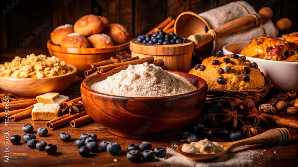 A rustic wooden table set with a bowl of flour, cinnamon sticks, star anise, blueberries, and baked goods. A rustic wooden table set with a bowl of flour, cinnamon sticks, star anise, blueberries, and baked goods.