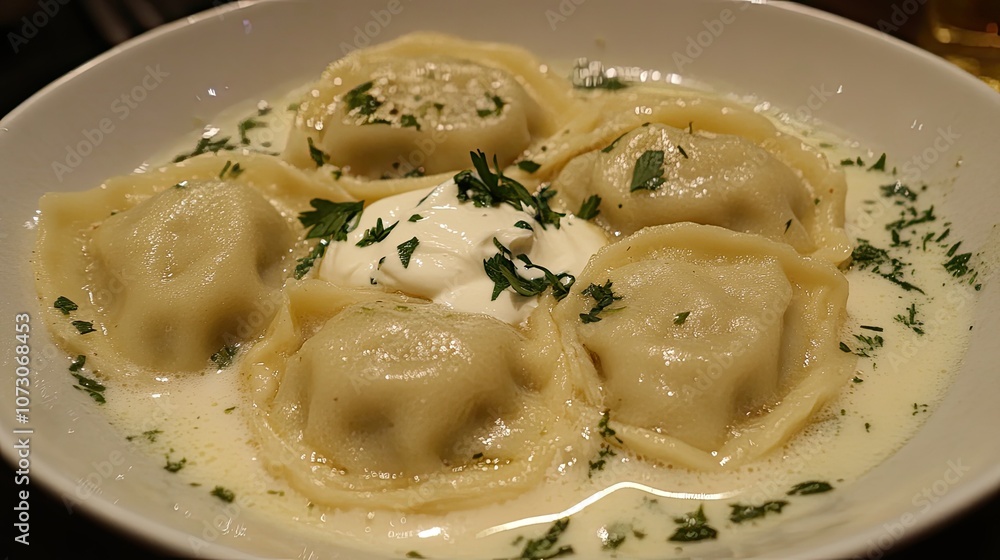 Pierogi dumplings paired with sour cream and fresh herbs Pierogi dumplings paired with sour cream and fresh herbs