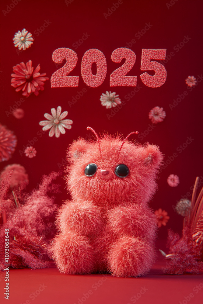 Fototapeta premium New Year Cards: 2025-themed Cute Neon Background Baby Ladybug Illustrations