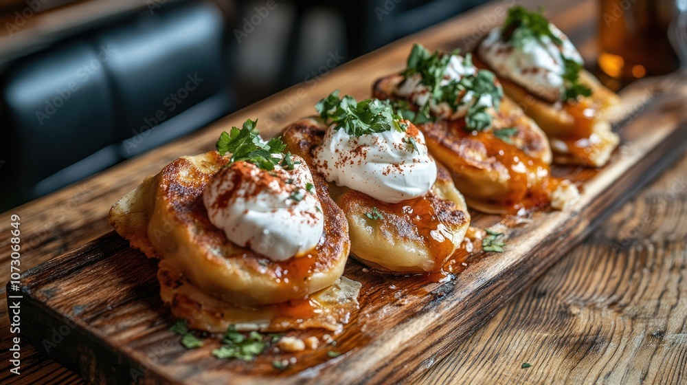 Pierogi on a wooden board with sour cream and garnishes Pierogi on a wooden board with sour cream and garnishes