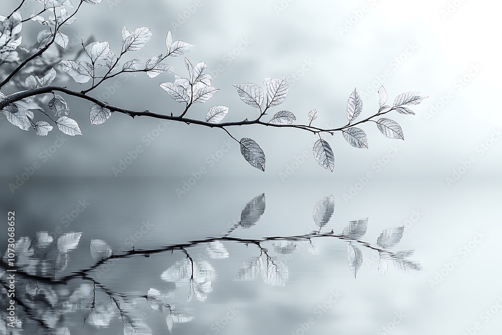 A minimalist black and white photo of a tree branch reflected in water A minimalist black and white photo of a tree branch reflected in water