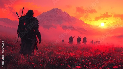 Fantasy Adventurers Journeying Through Enchanted Meadow Toward Mystical Mountain at Dusk