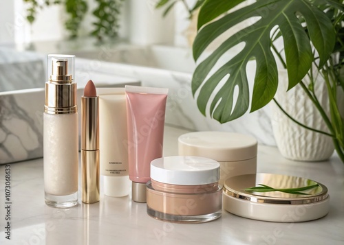 Elegant Makeup Products Display Featuring Cream Jar and Cosmetic Containers with Generous Copy Space for Marketing and Branding Purposes photo