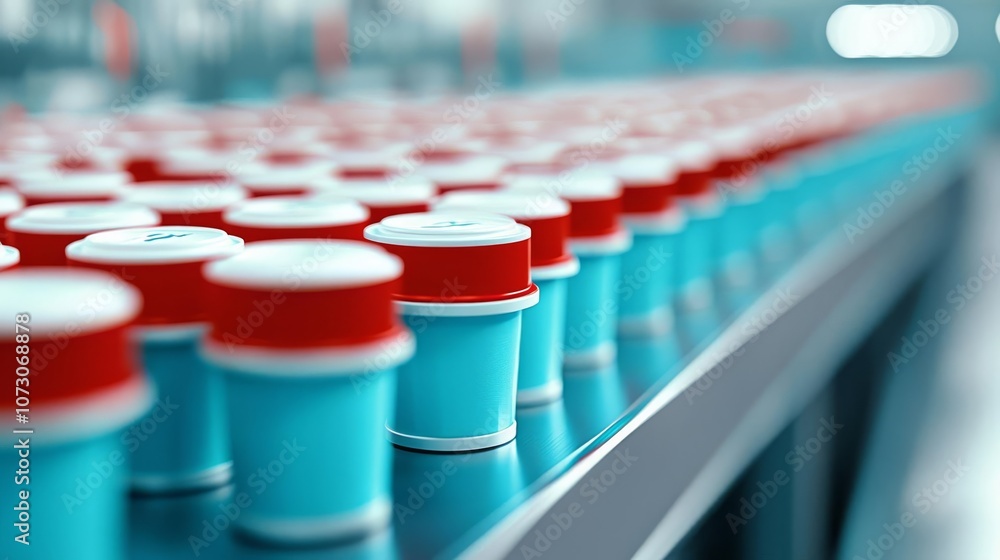 Fototapeta premium A close-up view of colorful containers on a production line in a factory setting.