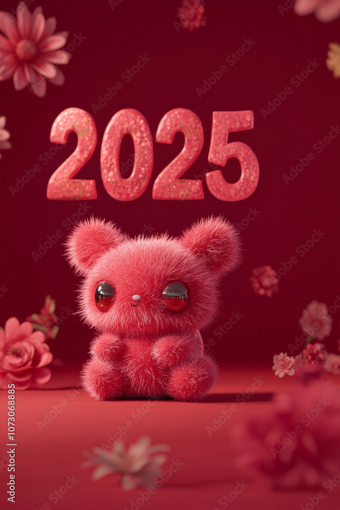Fototapeta premium New Year Cards: 2025-themed Cute Neon Background Baby Ladybug Illustrations