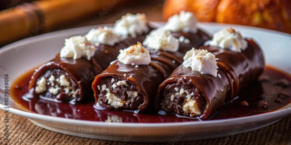 Chocolate-Covered Rolls with Cream and Red Sauce, a Culinary Delicacy for Dessert Chocolate-Covered Rolls with Cream and Red Sauce, a Culinary Delicacy for Dessert