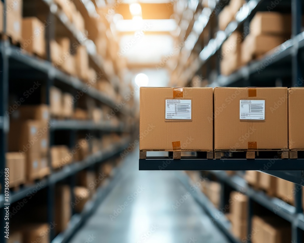 A modern warehouse filled with stacked cardboard boxes on shelves, organized storage. A modern warehouse filled with stacked cardboard boxes on shelves, organized storage.