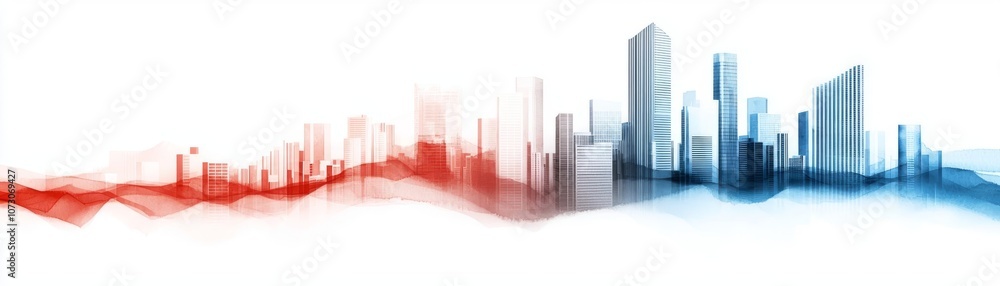 Fototapeta premium A vibrant abstract skyline illustration in red, blue, and white tones for urban themes.