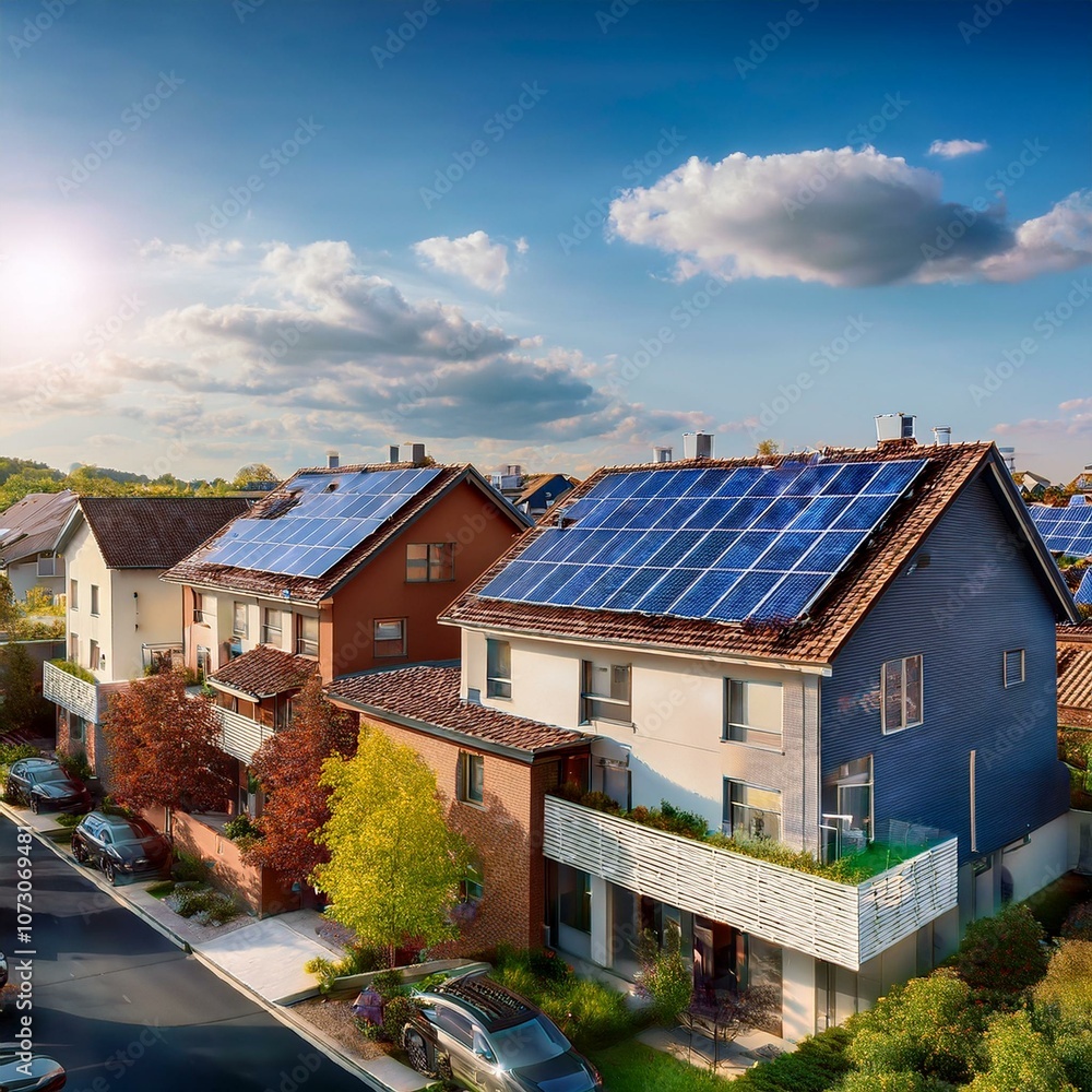 A neighborhood with solar panels on rooftops, showcasing renewable energy efforts A neighborhood with solar panels on rooftops, showcasing renewable energy efforts