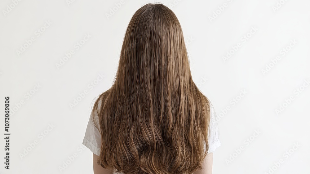 Naklejka premium Beautiful model girl with Brown hair strand,silky healthy chestnut wavy hair strand isolated on white background,hair wavy ribbon, with smooth texture,vibrant shine,brunette hairpiece, hairy ribbon.