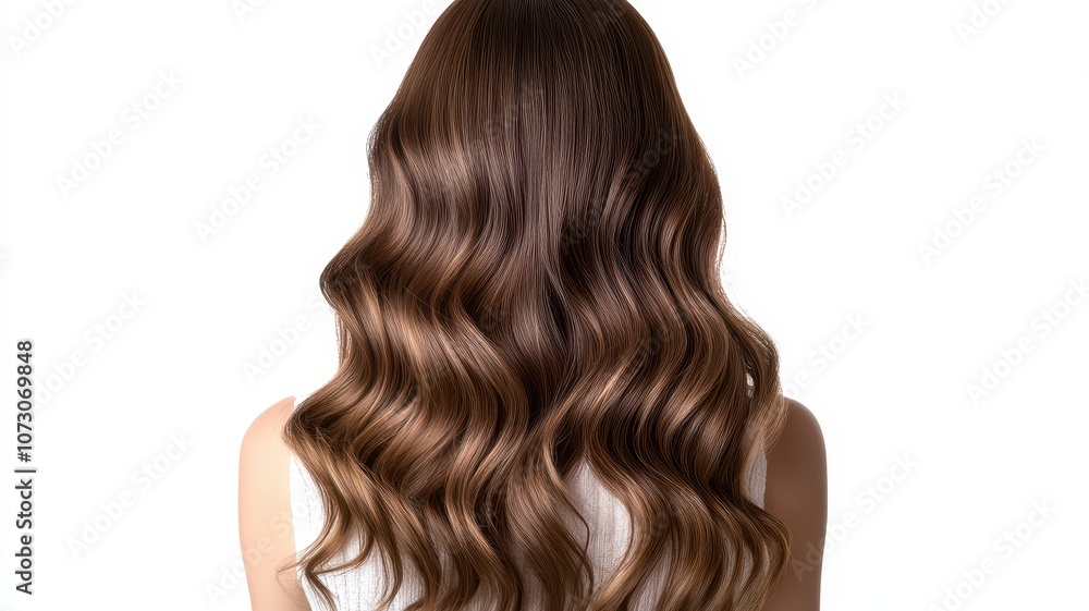 Fototapeta premium Beautiful model girl with Brown hair strand,silky healthy chestnut wavy hair strand isolated on white background,hair wavy ribbon, with smooth texture,vibrant shine,brunette hairpiece, hairy ribbon.
