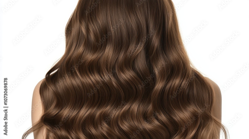 Fototapeta premium Beautiful model girl with Brown hair strand,silky healthy chestnut wavy hair strand isolated on white background,hair wavy ribbon, with smooth texture,vibrant shine,brunette hairpiece, hairy ribbon.