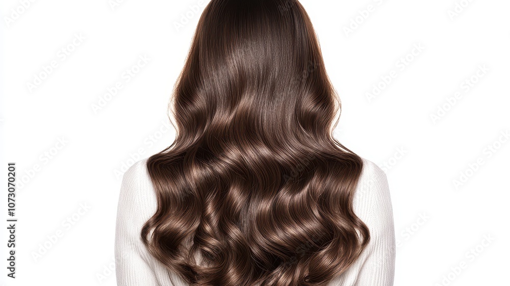 Fototapeta premium Beautiful model girl with Brown hair strand,silky healthy chestnut wavy hair strand isolated on white background,hair wavy ribbon, with smooth texture,vibrant shine,brunette hairpiece, hairy ribbon.