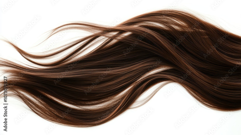 Naklejka premium Brown hair strand,silky healthy chestnut wavy hair strand on white background,hair wavy ribbon, with smooth texture and vibrant shine,brunette hairpiece,hairy ribbon,chignon hair extension.