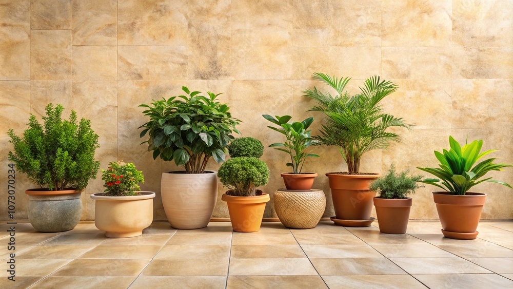 Fototapeta premium A group of potted plants sitting on a beige-colored stone patio, outdoor living, calming landscape, garden decor