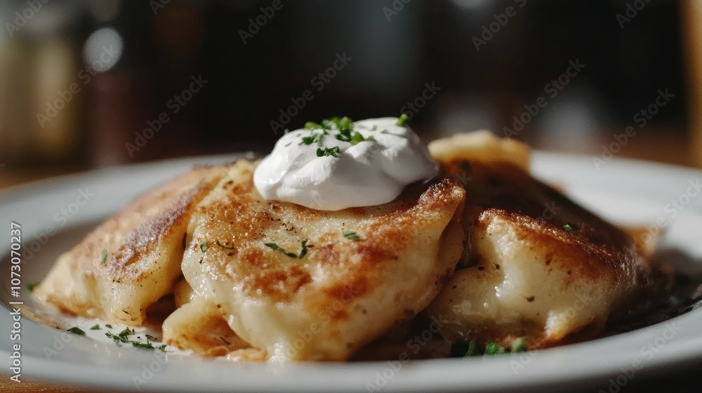 Rustic pierogi dumplings with a dollop of creamy sour cream Rustic pierogi dumplings with a dollop of creamy sour cream