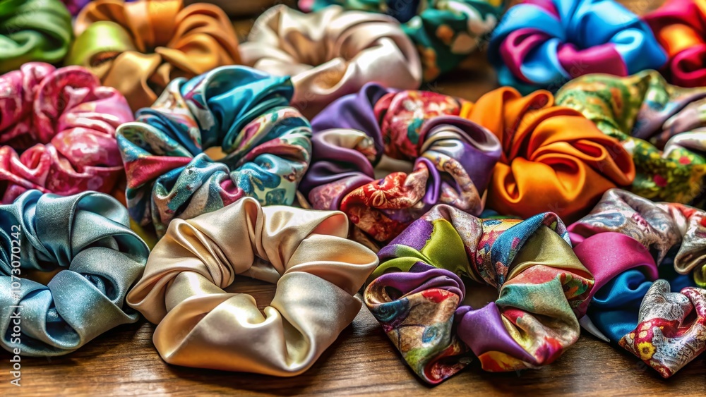 Obraz premium Elegant Silk Scrunchies in a Natural Setting: A Documentary Photography Exploration of Fashion Accessories