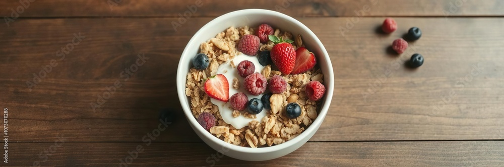 A healthy breakfast bowl filled with delicious muesli, fresh berries, nuts, and yogurt, on a wooden table, glass of water, nutrition A healthy breakfast bowl filled with delicious muesli, fresh berries, nuts, and yogurt, on a wooden table, glass of water, nutrition