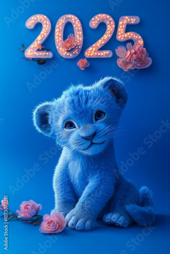 New Year Cards: 2025-themed Cute Neon Background Baby Lion Illustrations photo