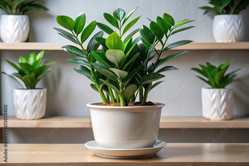 Obraz premium A low-maintenance ZZ plant sits in a compact ceramic pot, its glossy leaves reflecting the surrounding shelves, ZZ plant, minimalist style, office organization, plant care tips