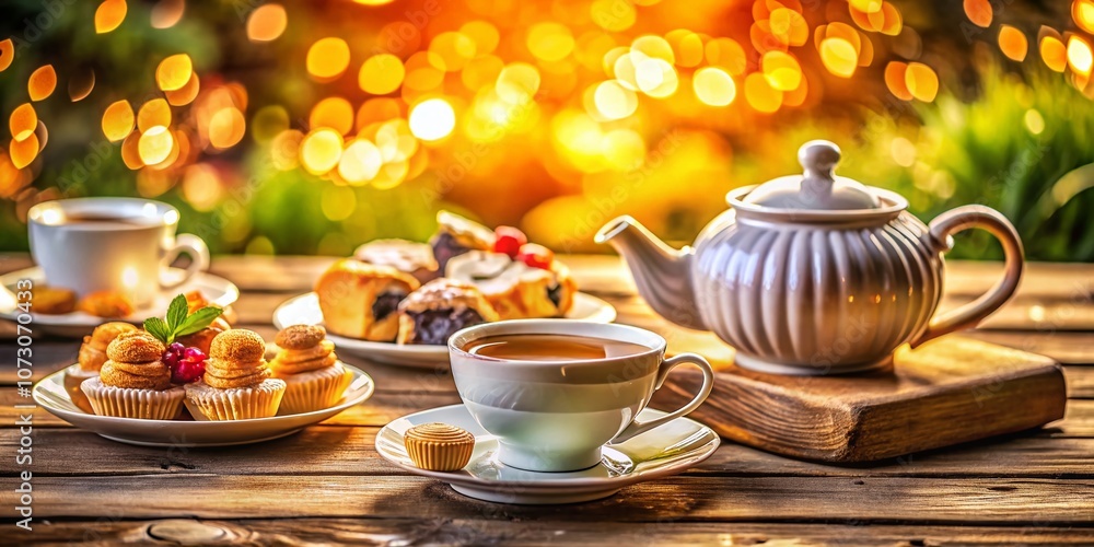 Elegant tea set elegantly displayed on a wooden table with soft bokeh background creating a warm and inviting atmosphere for afternoon tea gatherings or cozy moments. Elegant tea set elegantly displayed on a wooden table with soft bokeh background creating a warm and inviting atmosphere for afternoon tea gatherings or cozy moments.
