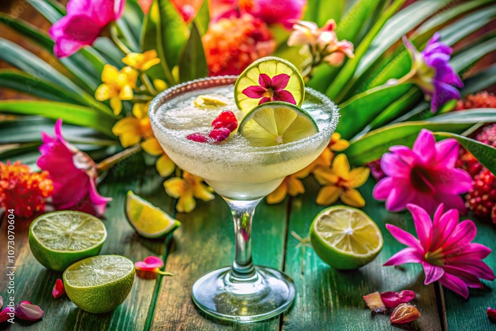 A margarita cocktail made from tequila and lime juice served in a colorful, decorative glass filled with ice and surrounded by tropical flowers, lime juice, drink, ice A margarita cocktail made from tequila and lime juice served in a colorful, decorative glass filled with ice and surrounded by tropical flowers, lime juice, drink, ice