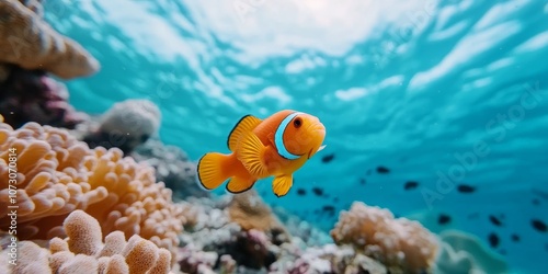 A vibrant clownfish swimming through colorful coral reefs, showcasing the beauty of underwater marine life in a tropical habitat. photo