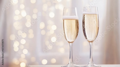 Sparkling champagne flutes with festive Christmas background. Happy New Year and wedding concept. Banner