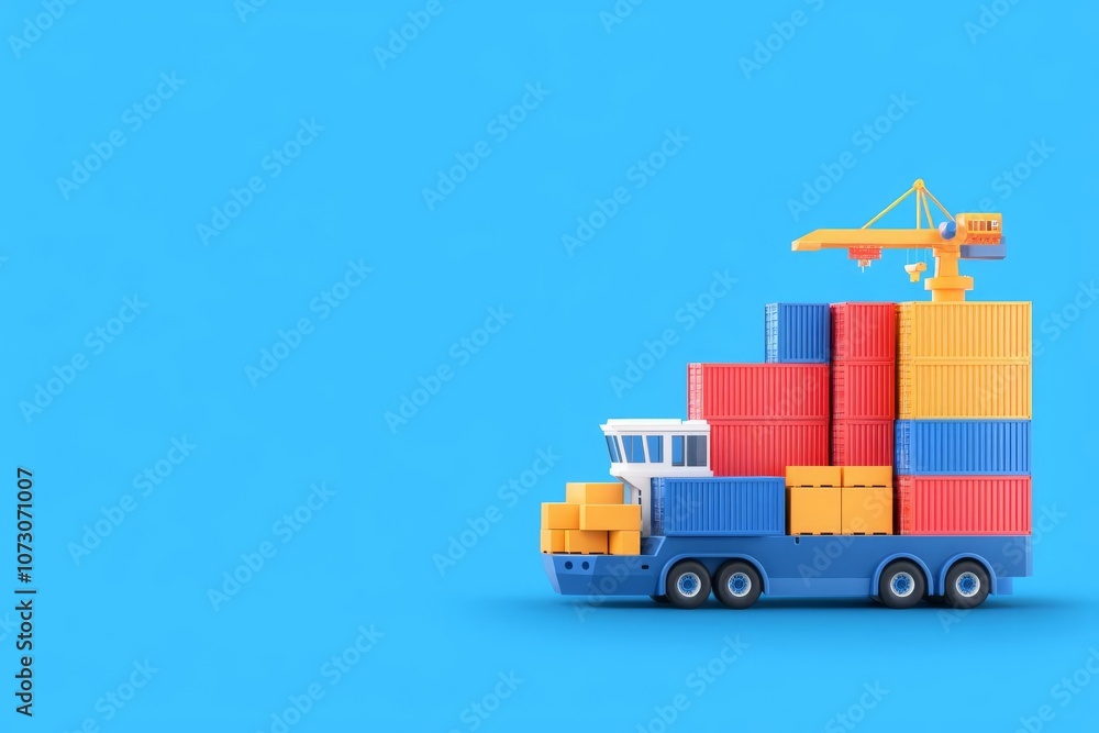 Naklejka premium Colorful toy truck loaded with containers against a vibrant blue background.