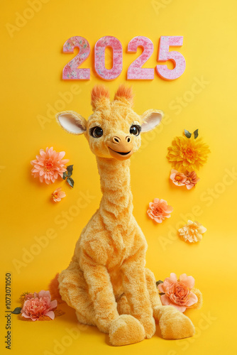 New Year Cards: 2025-themed Cute Neon Background Baby Giraffe Illustrations photo