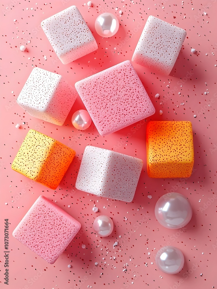 A vibrant arrangement of colorful sponges in various shapes and sizes, scattered among decorative pearls and glitter on a soft pink background, creating a playful and cheerful visual appeal. A vibrant arrangement of colorful sponges in various shapes and sizes, scattered among decorative pearls and glitter on a soft pink background, creating a playful and cheerful visual appeal.