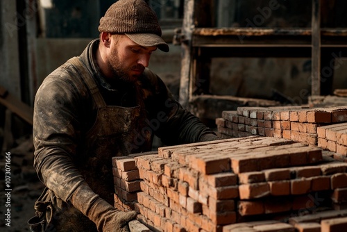 Craftsman meticulously arranging bricks in an abandoned construction site. Generative AI