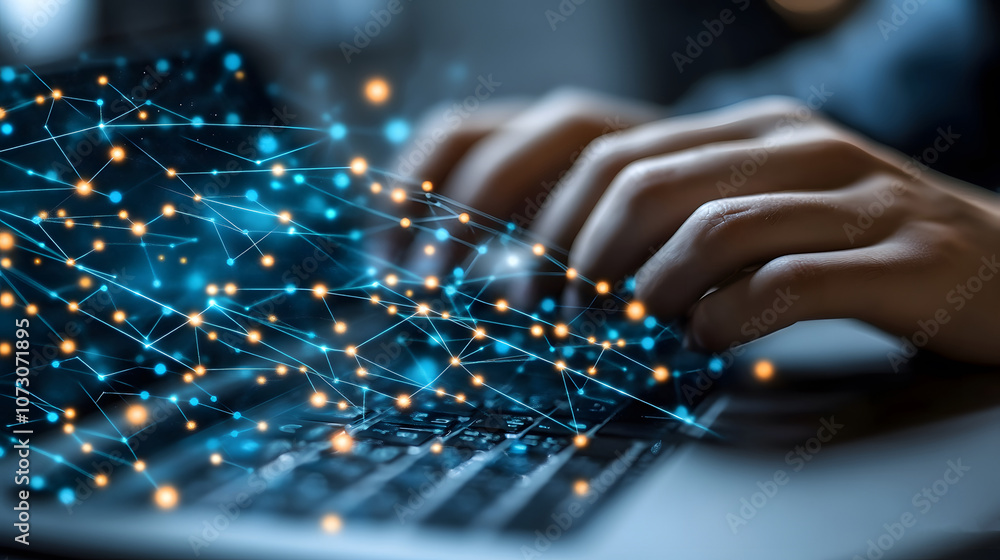 Young man working on data protection in dark room, network security concept, glowing symbols Young man working on data protection in dark room, network security concept, glowing symbols