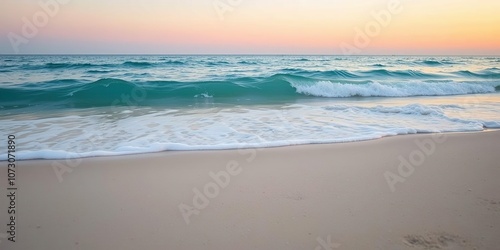 A soft blue ocean wave breaks on the shore of a tranquil fine sandy beach at sunset, creating a beautiful and serene scene, gentle movement, calm sea