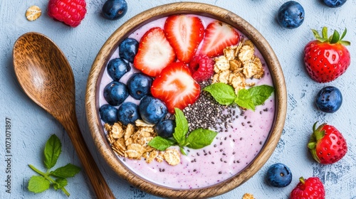 Colorful smoothie bowl topped with fresh berries, granola, and mint on a blue background.