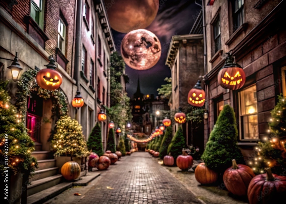 Enchanted Halloween Night in an Urban Setting with Whimsical Decorations and Spooky Atmosphere Capturing the Spirit of a Festive Fall Celebration Enchanted Halloween Night in an Urban Setting with Whimsical Decorations and Spooky Atmosphere Capturing the Spirit of a Festive Fall Celebration