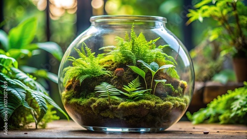 A terrarium with lush mosses and ferns growing in a glass container, forest, ferns, glass containers, foliage, plants photo