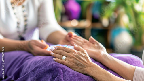 A calming energy healing session takes place in a tranquil wellness center, where a practitioner gently holds the hands of a client. The environment is designed for relaxation,