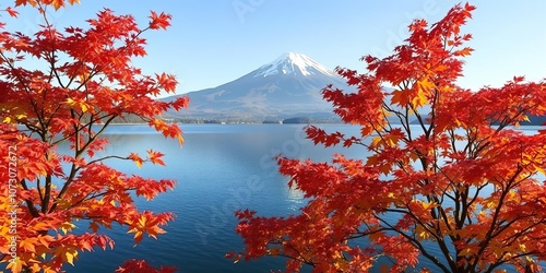 Autumn Leaves at Lake Kawaguchiko with Mountain Fuji, serene scenery, natural beauty