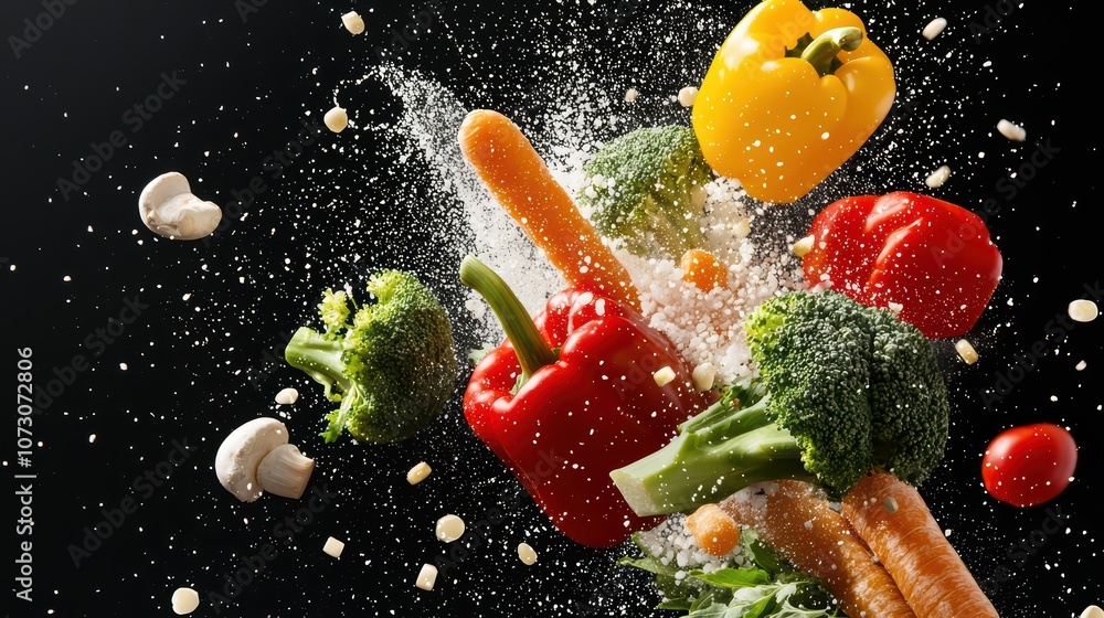 Colorful vegetables exploding with freshness against a black background. Colorful vegetables exploding with freshness against a black background.
