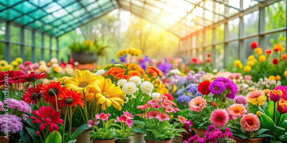 A vibrant and colorful array of flowers in a greenhouse against a bright green background, botany, green house, greenhouse, botanical arrangement A vibrant and colorful array of flowers in a greenhouse against a bright green background, botany, green house, greenhouse, botanical arrangement