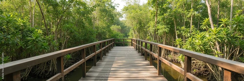 A wooden bridge crossing through a lush mangrove forest undergoing reforestation, forest, wetland A wooden bridge crossing through a lush mangrove forest undergoing reforestation, forest, wetland