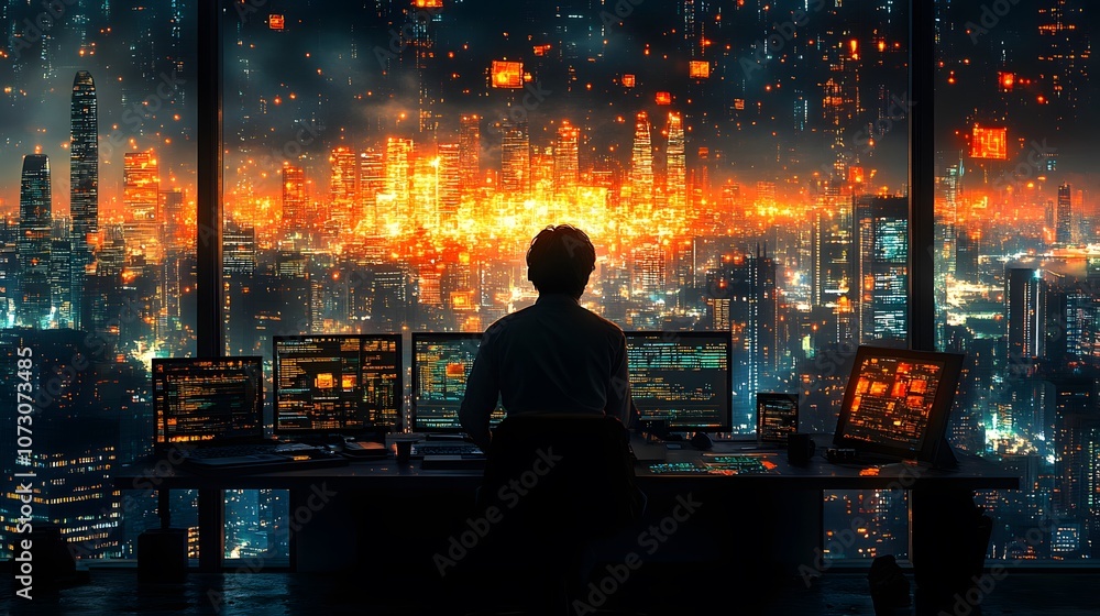 Banking and finance digital link, financial professional using big data analytics in futuristic office Banking and finance digital link, financial professional using big data analytics in futuristic office