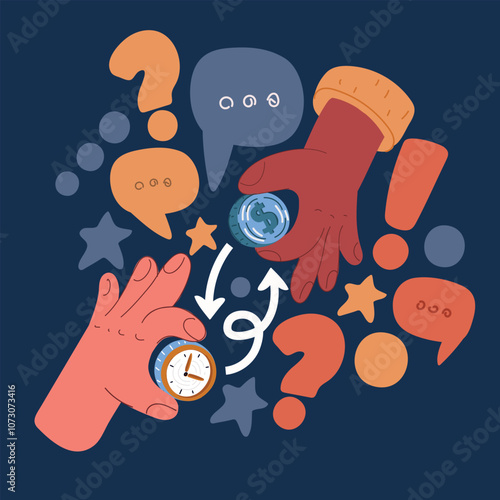 Cartoon vector illustration of people trading time for money, represented by hands exchanging a clock and a coin, symbolizing work, value, and time management over dark background