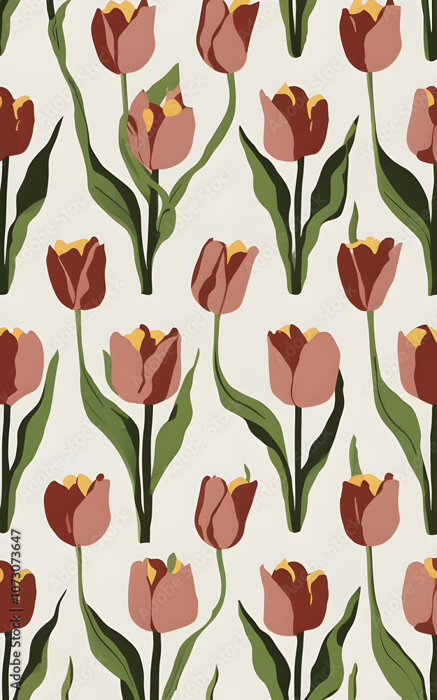 Fototapeta premium pastel muted hues maroon tulip pattern spring vector flat art
