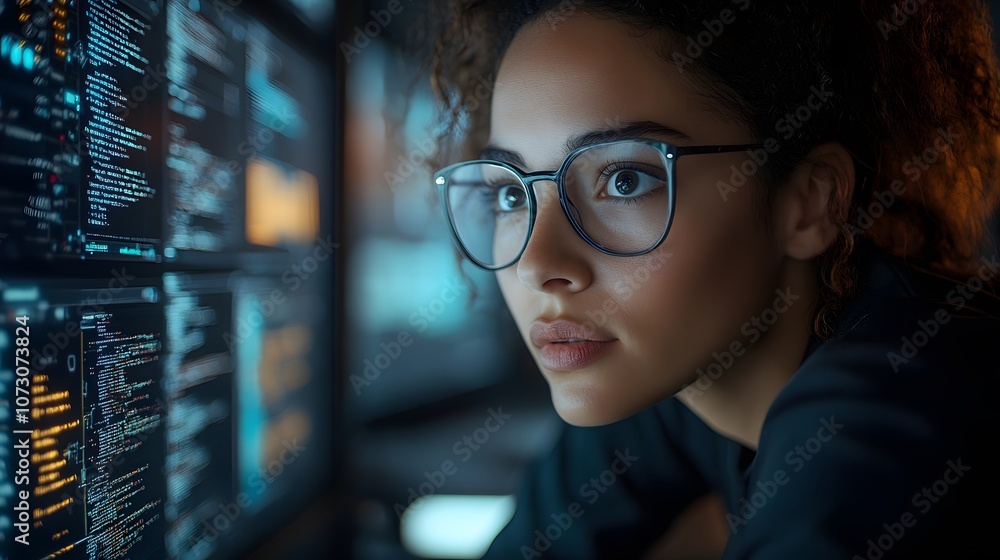 Female professional holding virtual global internet, metaverse and digital links in office setting Female professional holding virtual global internet, metaverse and digital links in office setting
