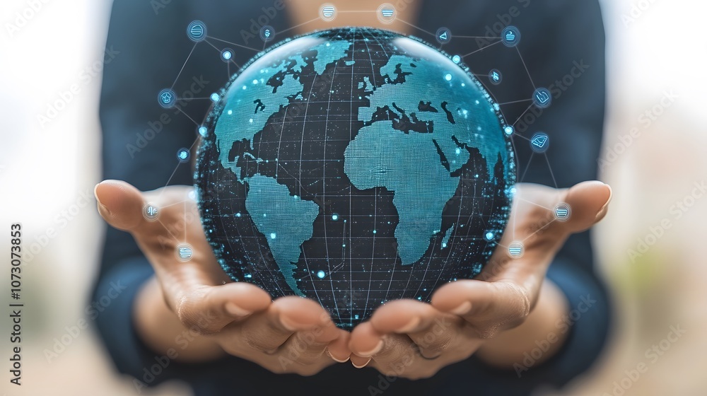 Digital internet globe in businesswoman hand, futuristic metaverse and connection graphics in corporate setting Digital internet globe in businesswoman hand, futuristic metaverse and connection graphics in corporate setting