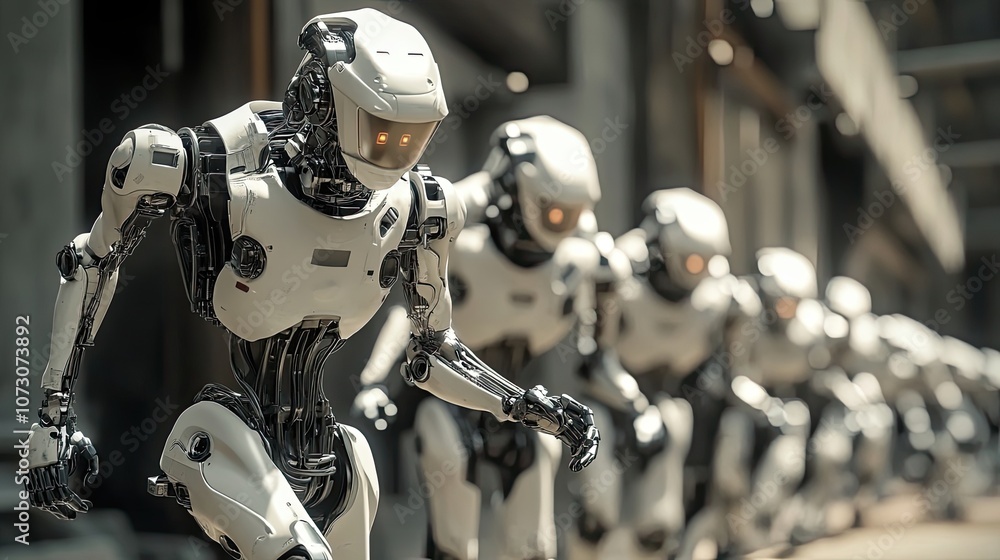 Fototapeta premium A line of futuristic humanoid robots walking in a desolate urban environment