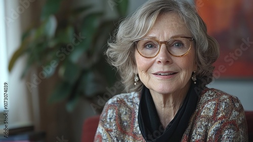 Portrait of an elderly or senior woman with glasses confidently looking at the camera